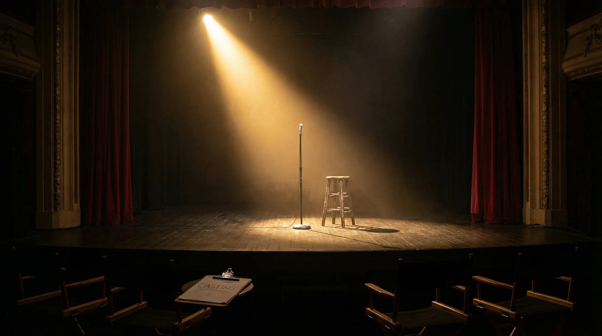51视频 选角现场，聚光灯下的空舞台等待演员登场